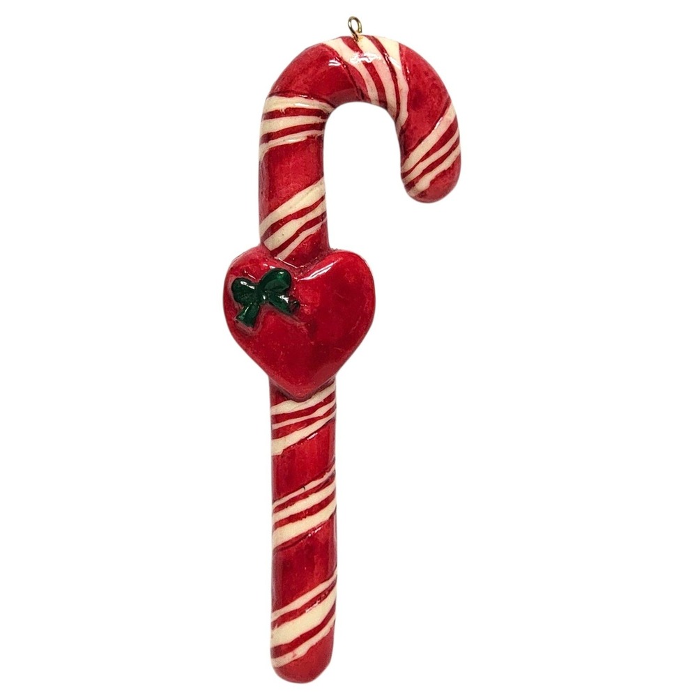 Candy Cane Christmas Ornament with Heart Detail Red White Resin Holiday Decor